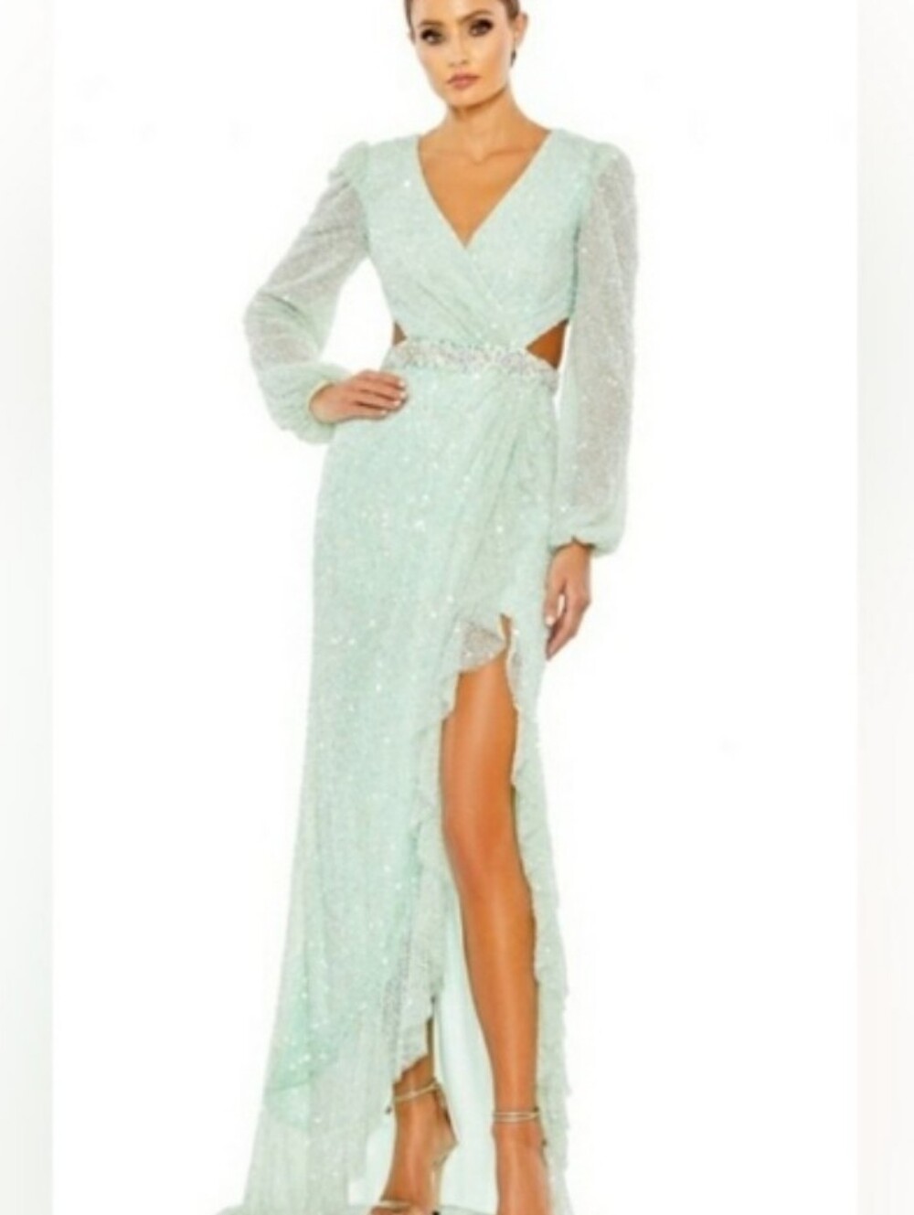 NWT Mac Duggal Embellished Bishop Sleeve Ruffle Gown Seafoam Mint 8 Beautiful